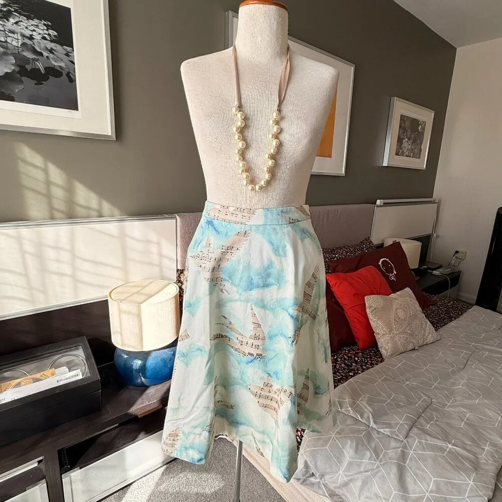 Maeve Anthropologie Song Bird Sky Print Midi A-Line Skirt 100% Cotton US Zero - Picture 2 of 5